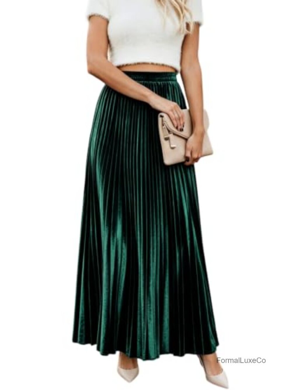 Women's High Waist Pleated Metallic Velvet Maxi Skirt with Pockets